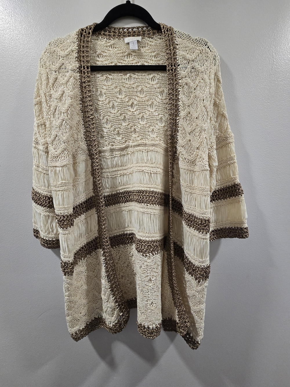 Chico's Open Front Metallic Crochet Cardigan Cream Bronze Size 1 (Medium / US 8)